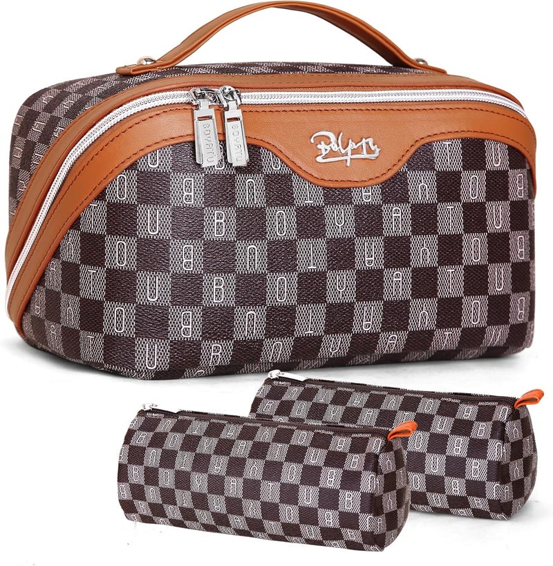 BOYATU Travel Makeup Bag Organizer Cosmetic Bag: 3 Pcs Set Make up Bags for Women with Handle - Waterproof Vegan Leather Toiletry Bags Travel Essentials Pouch with Compartments (H-01-Brown) - Image 1